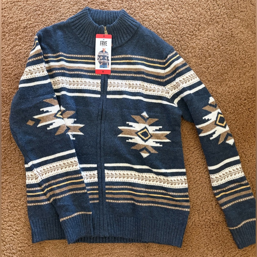 NEW! Frye Navy and Tan Patterned Zip-Up Cardigan Sweater - Picture 1 of 6